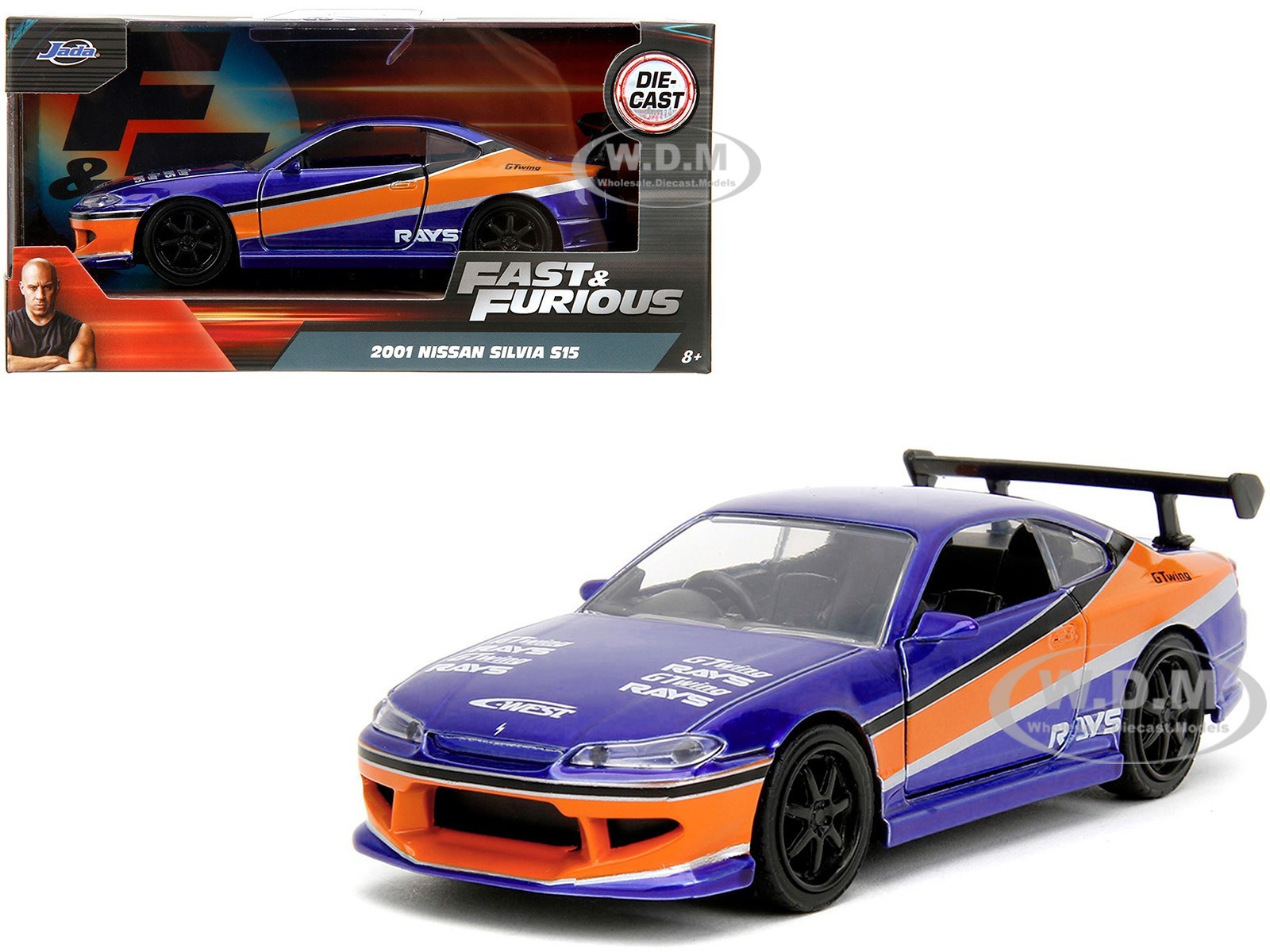 2001 NISSAN SILVIA S15 RHD BLUE "FAST & FURIOUS" 1/32 DIECAST CAR BY JADA 34446