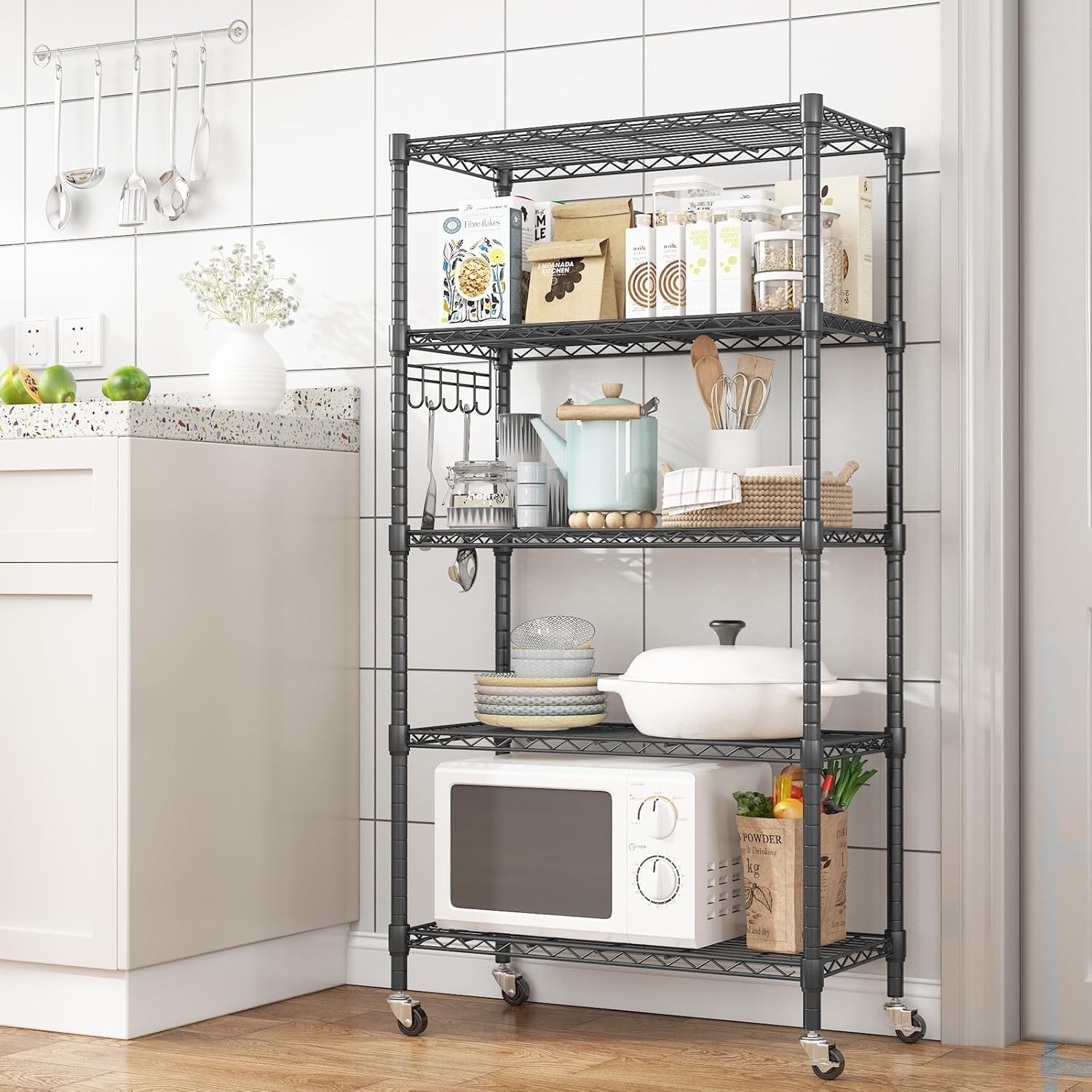 Homdox 5 -Tier Steel Wire Shelving Unit on Wheels Chrome Shelves for Living Home