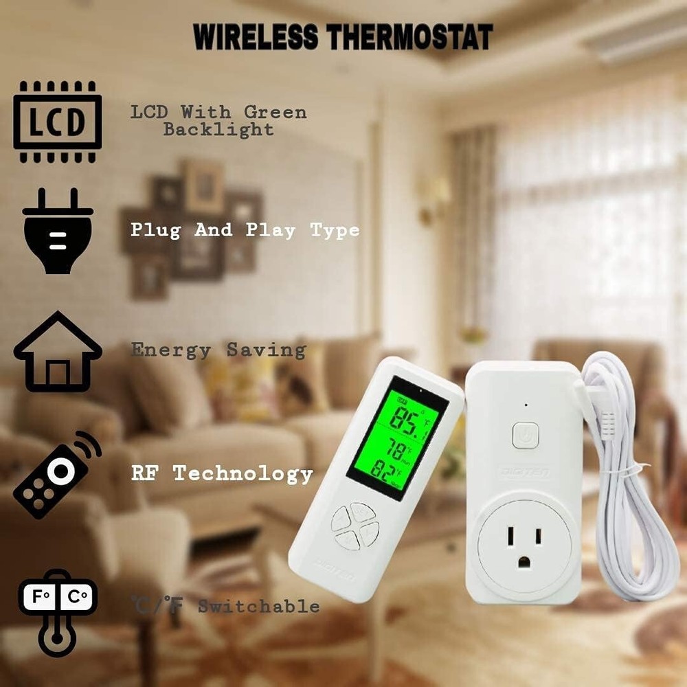 Wireless Temperature Controller Thermostat Outlet - Heating Cooling - Greenhouse