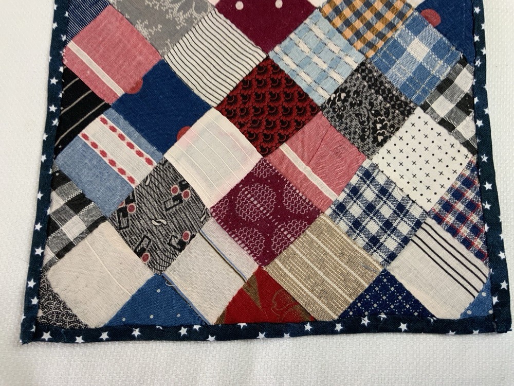 Vintage Patchwork Quilt Table Topper, Four Patch, Early Calico Prints, Blue, Red