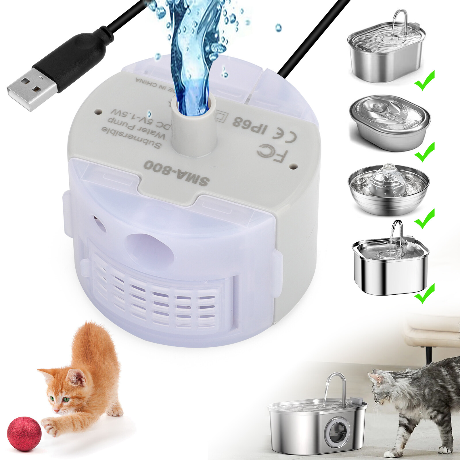 Cat Water Dispenser Pump USB Rechargeable LED Light Pet Drinking Fountain Motor