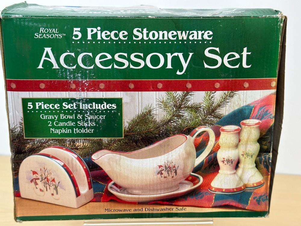 Royal Seasons Stoneware 5 Piece Accessory Set Snowman Pattern Vintage