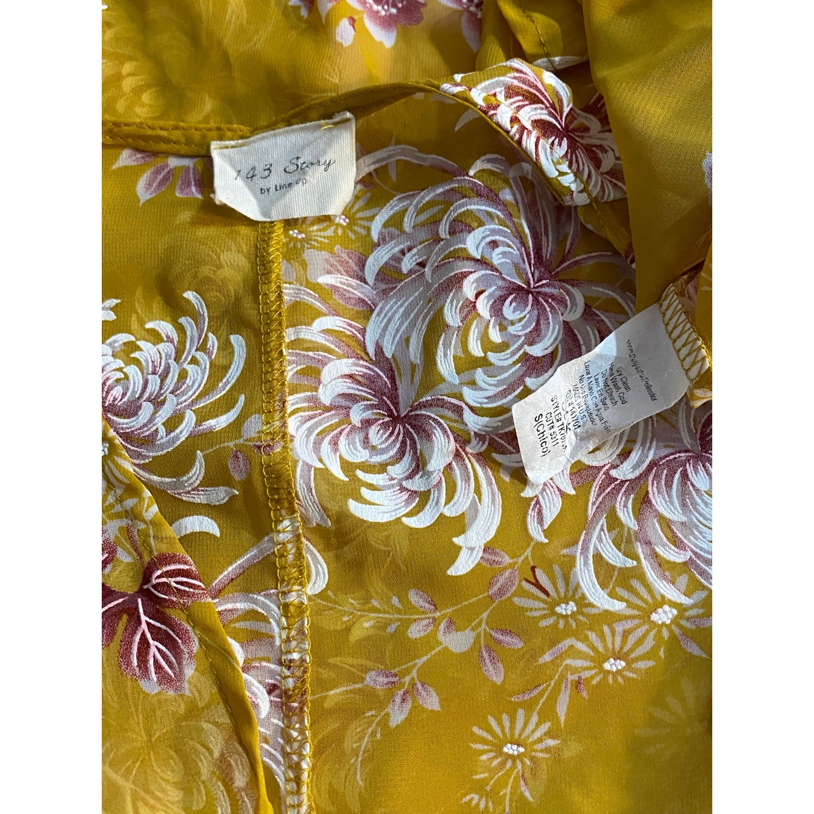 143 STORY Mustard Pink Floral Short Sleeve Kimono SMALL Chiffon Sheer Cover Up