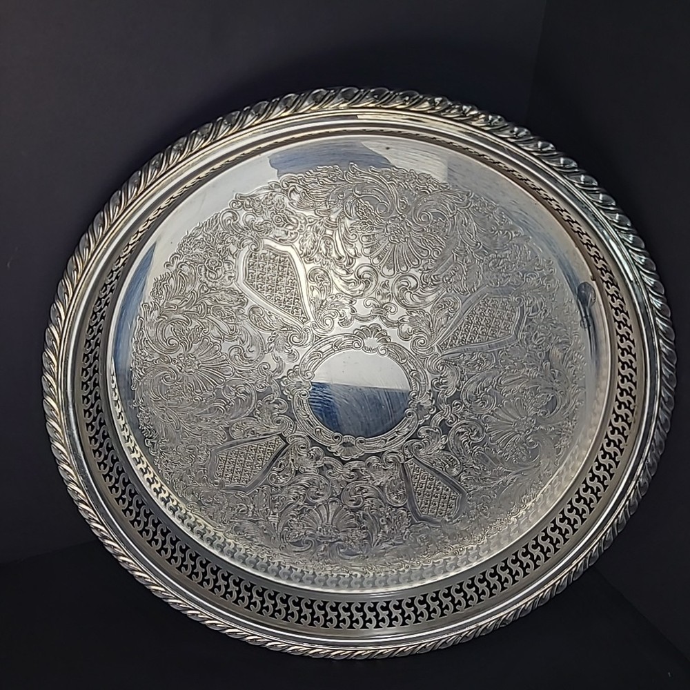 Silverplate Oneida USA Tray with Scroll Etching Raised Rim Pierced Design 13"