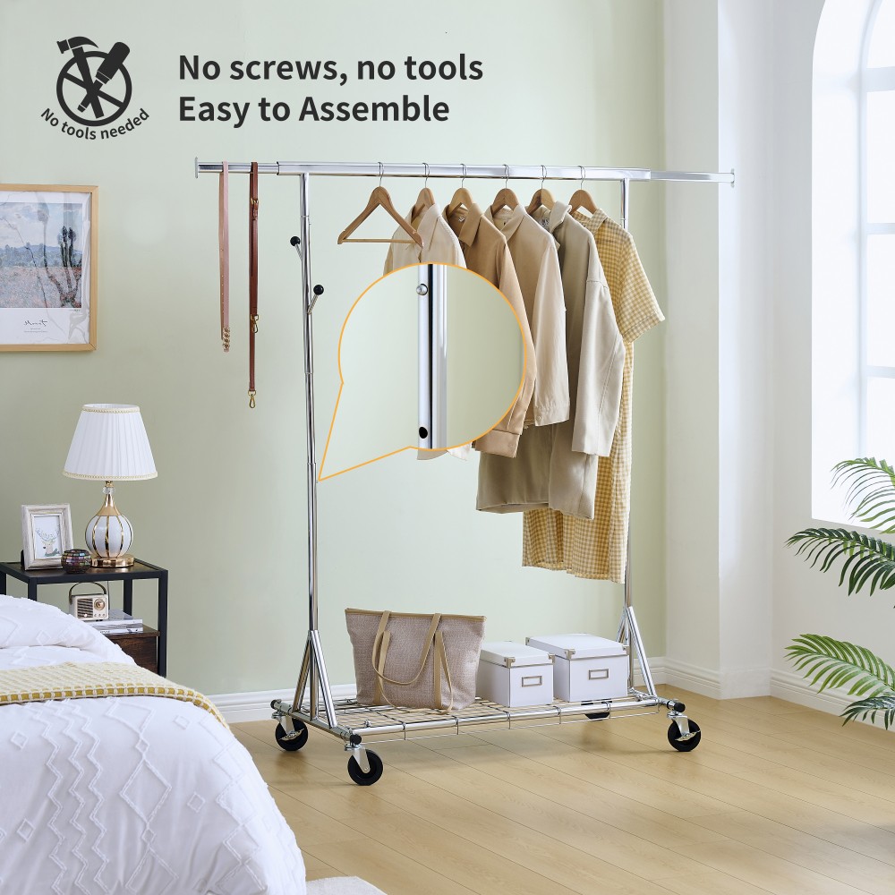 Silver Iron Heavy Duty Clothes Rack 600LBS Capacity Adjustable Rolling Garment