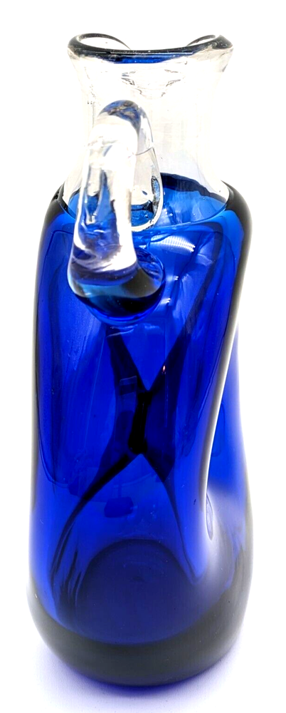 Hand Blown Art Glass Cobalt Blue Pinched Pitcher Applied Handle