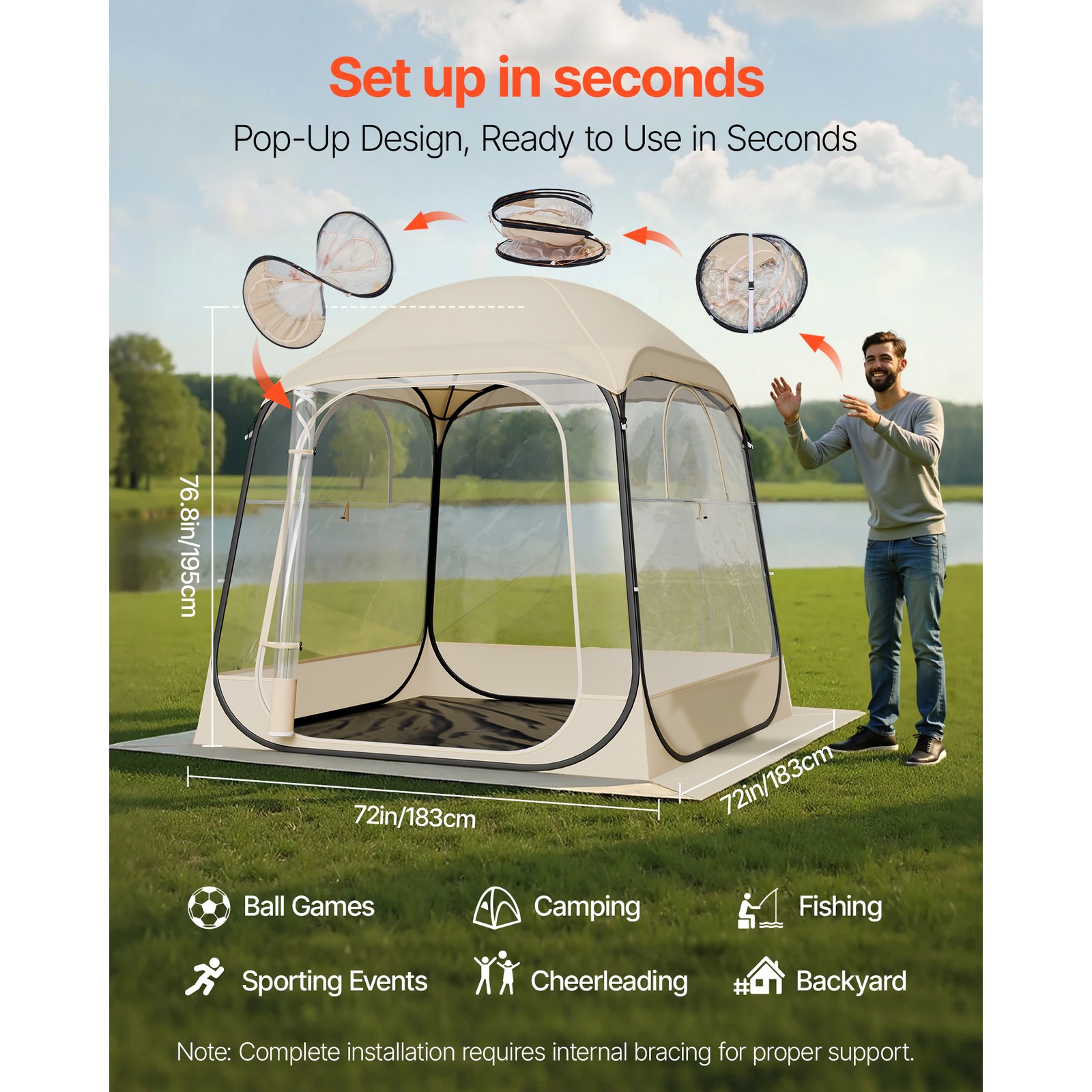 Uimoso Sports Tent Pop-Up 72"x72" Clear Bubble Tent Instant Weather Proof Pod