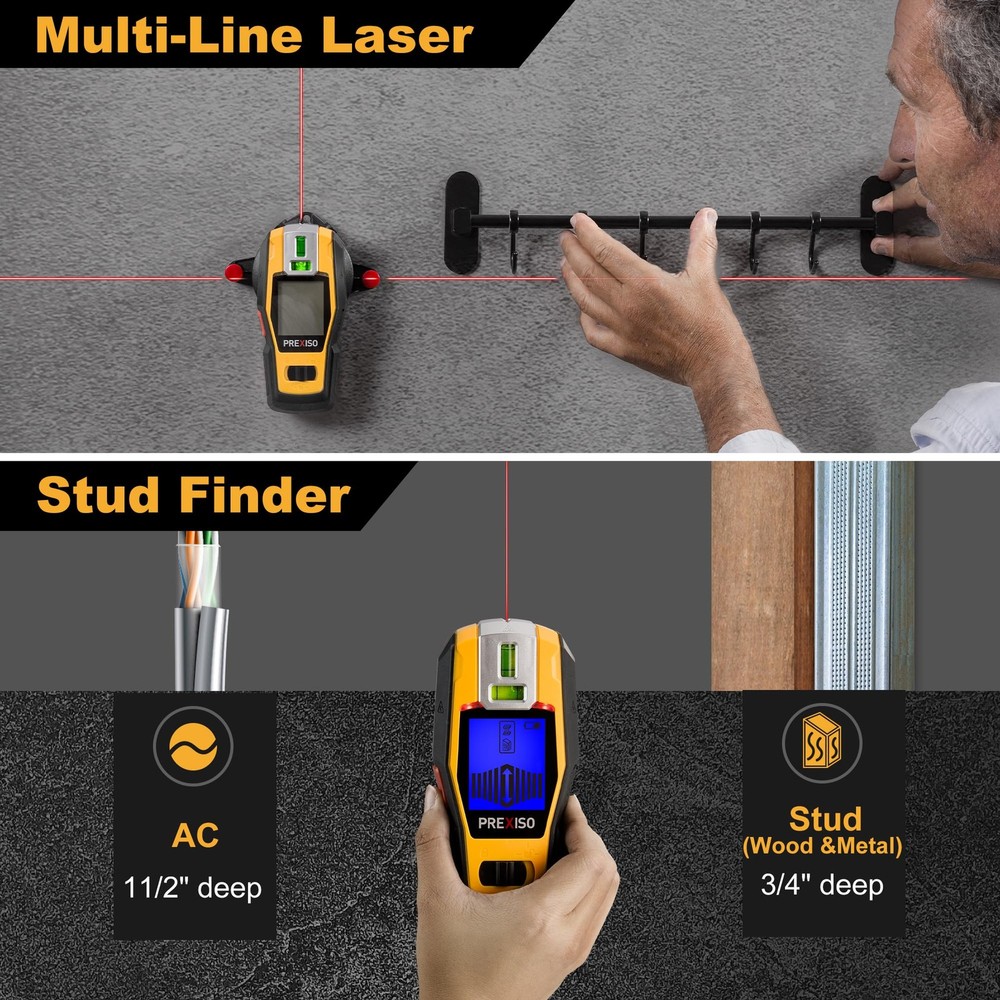 2-in-1 Stud Finder with Laser Level, Rechargeable Multi Surface Cross Line La...