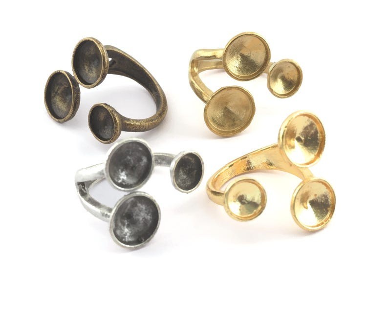 Round Blank Ring, 3 Bezel Ring, Adjustable Ring Raw Brass, Antique Silver, 2630