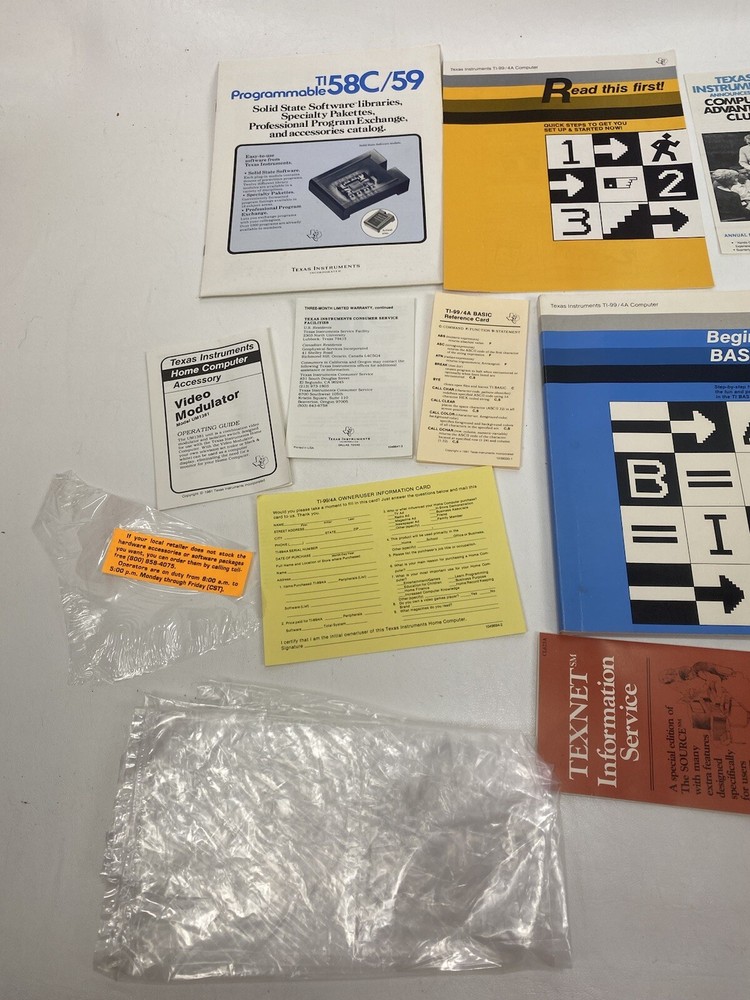 Texas Instruments Computer TI-99/4A Original Box Cords & Docs