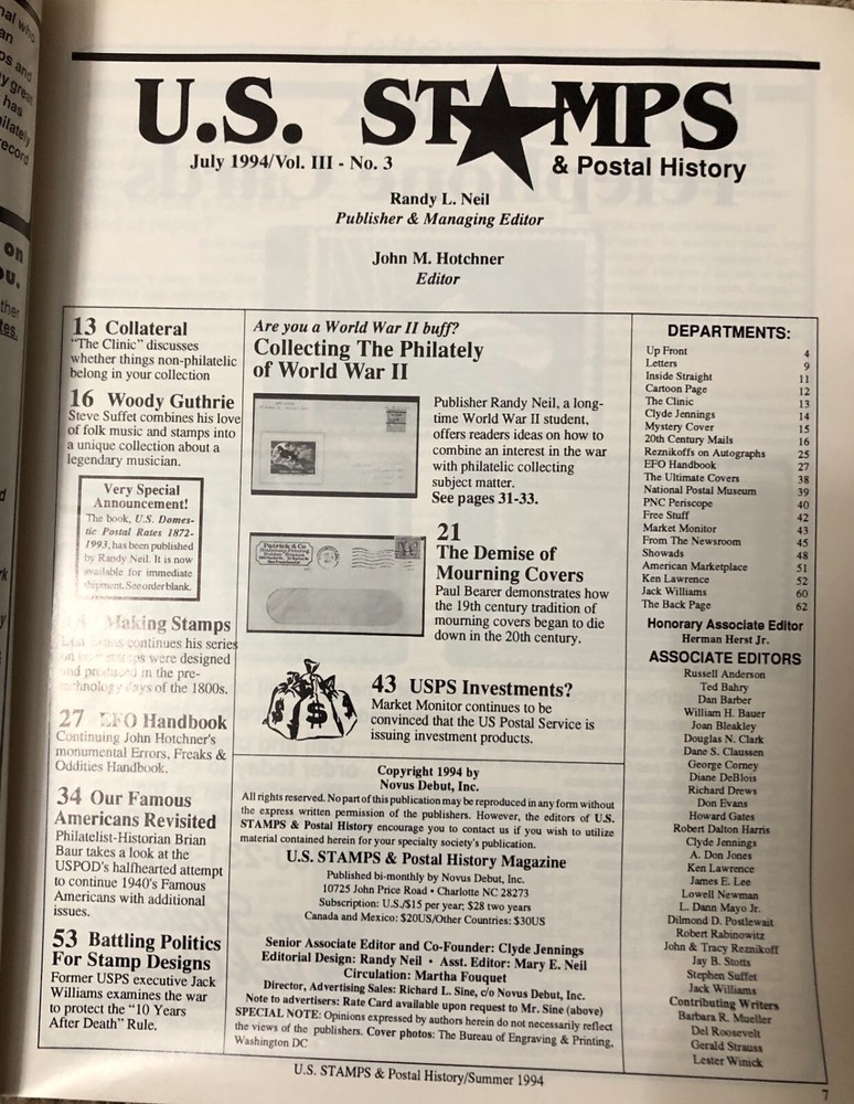 U.S. Stamps & Postal History 1994 Magazine 5 Issues Vol. 3 No. 1,2,3,4,5