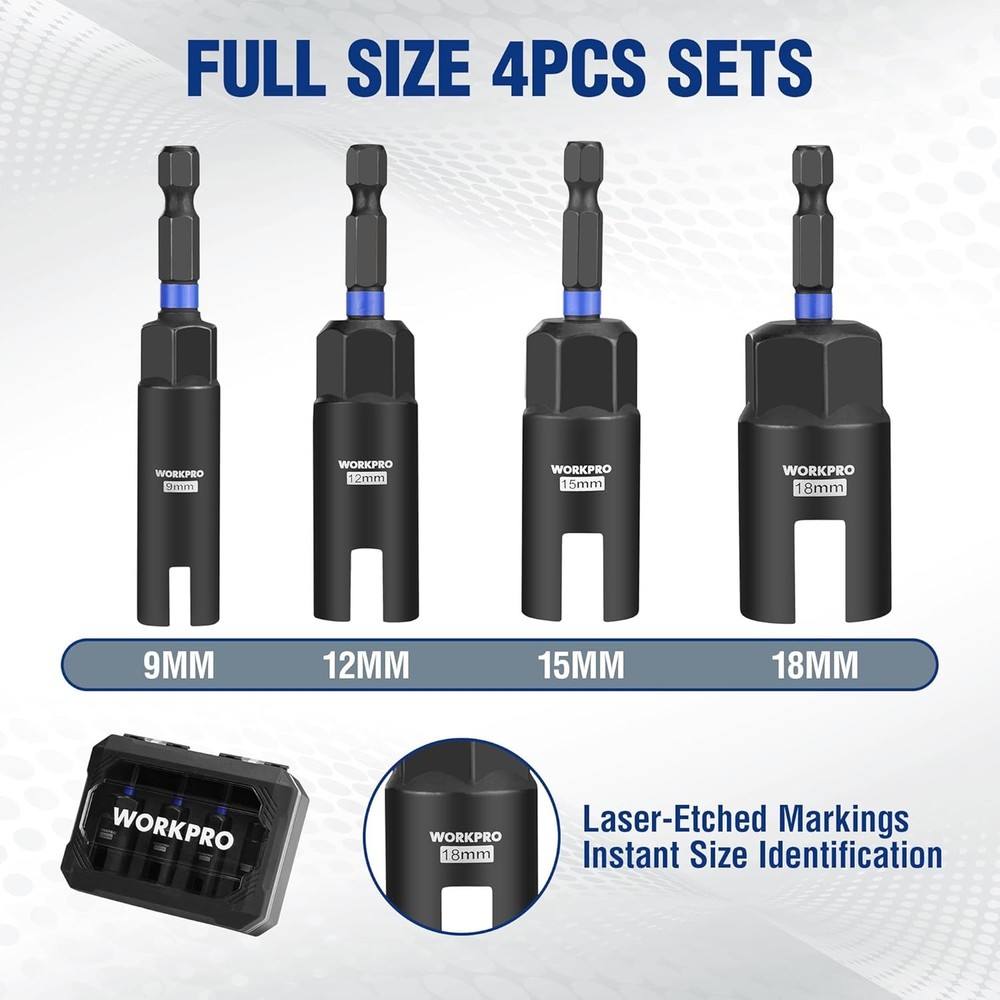 WORKPRO 4PCS Power Wing Nut Driver Bit 9-18mm 1/4" Hex Shank Nut Wing Nut Socket