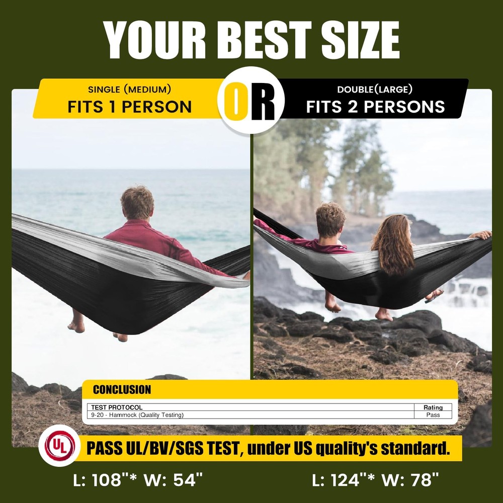 OLALACOZY Camping Hammock,Camping Essentials,Lightweight Medium, Black & Grey