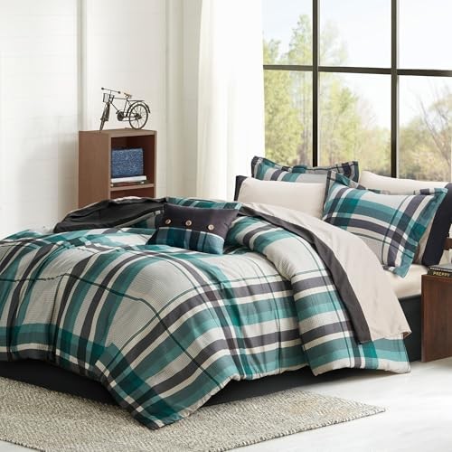 Comforter Set with Sheets, Plaid Bed in A Bag Microfiber Queen Teal/Black