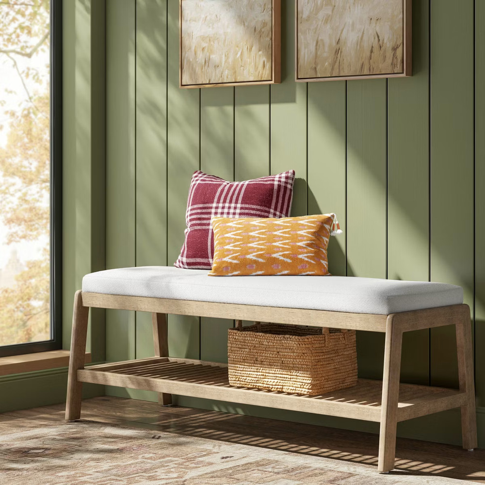 Upholstered Entry Bench with slatted Shelf Cream Boucle - Threshold