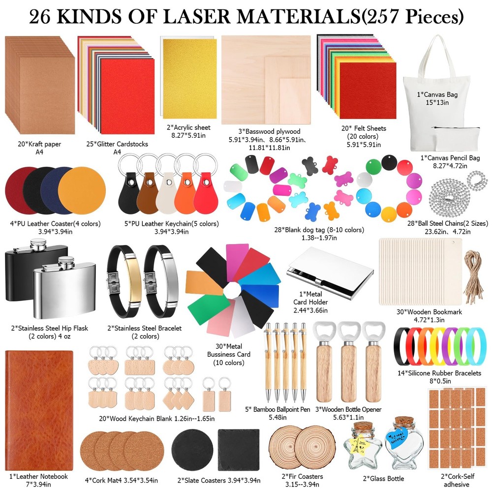 Dunzoom 257 Pcs Laser Material Kit Engraving Materials Including...