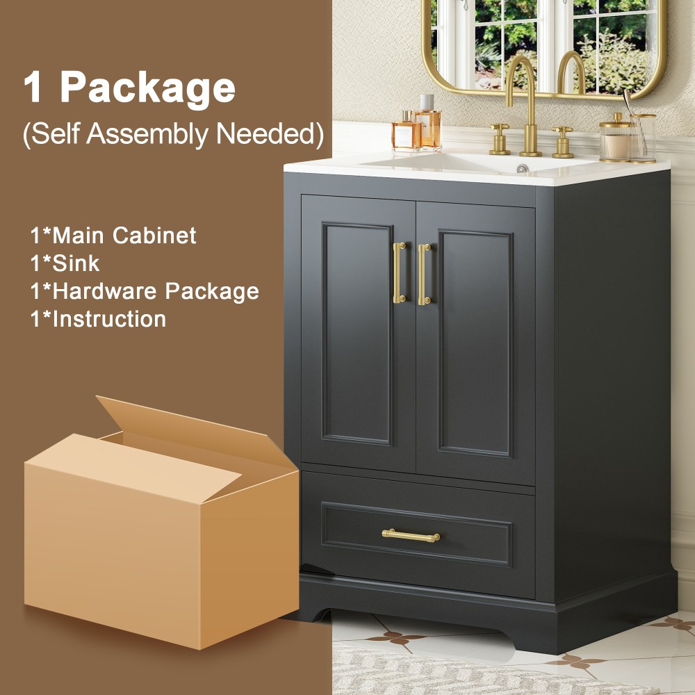 24"Bathroom Vanity with Sink, MDF Cabinet with Solid Wood Frame 1 Divided Drawer