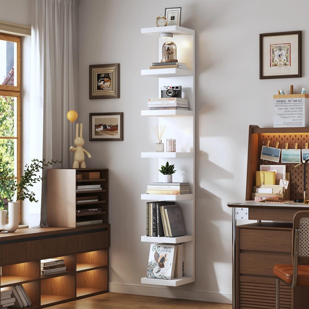 White 7-Tier Vertical Wall Shelf Unit with USB Rechargeable Led Light (Remote...