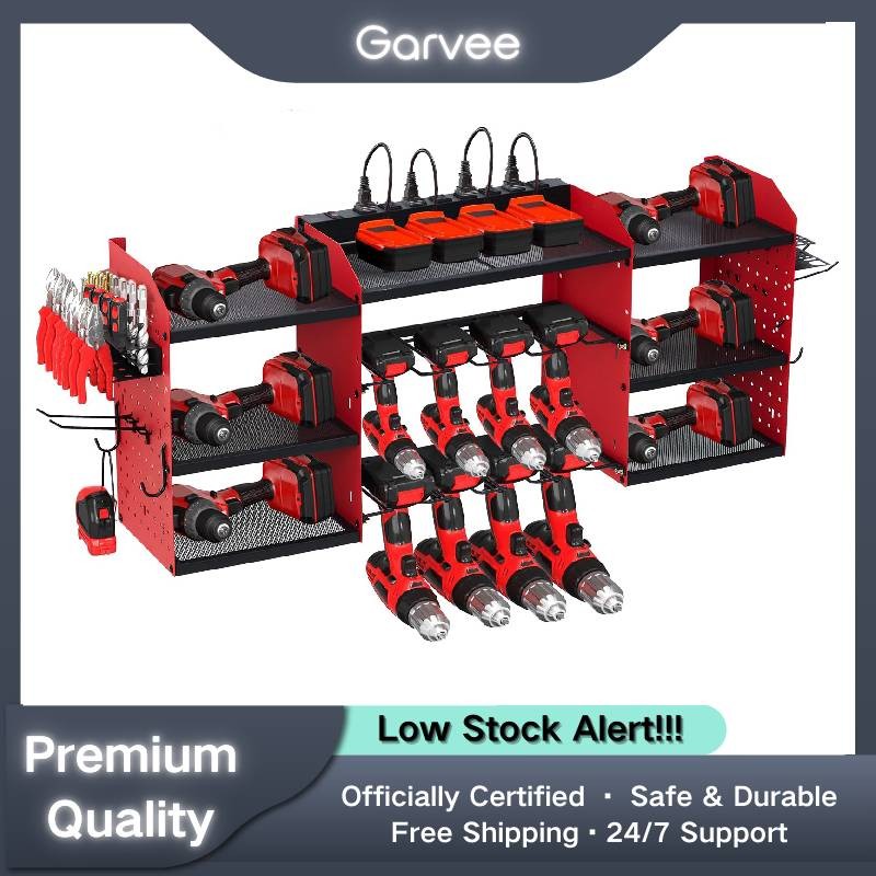Power Tool Organizer Wall Mount 3-Layer Garage Rack 8 Outlets Drill Storage Hook