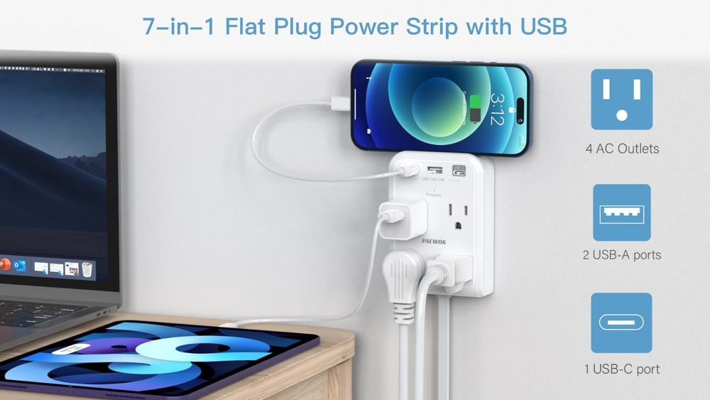 "Flat Multi Plug Extender with 3 USB Ports, 4 Outlet Surge Protector, 4ft Cord"
