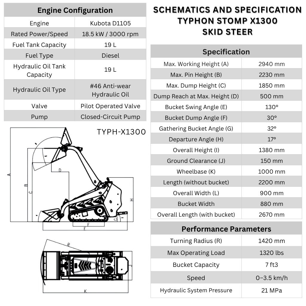 3040lbs TYPHON STOMP X1300 25HP Kubota D1105 EPA Diesel Mini Skid Steer Loader