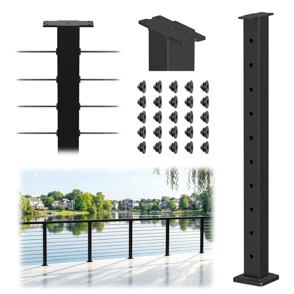 36" Black Surface Mount Cable Railing Post Kit for Decks - Stainless Steel