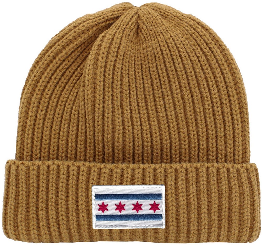 Chicago Flag Patch Cuffed Ribbed Beanie Hat White Border Timber