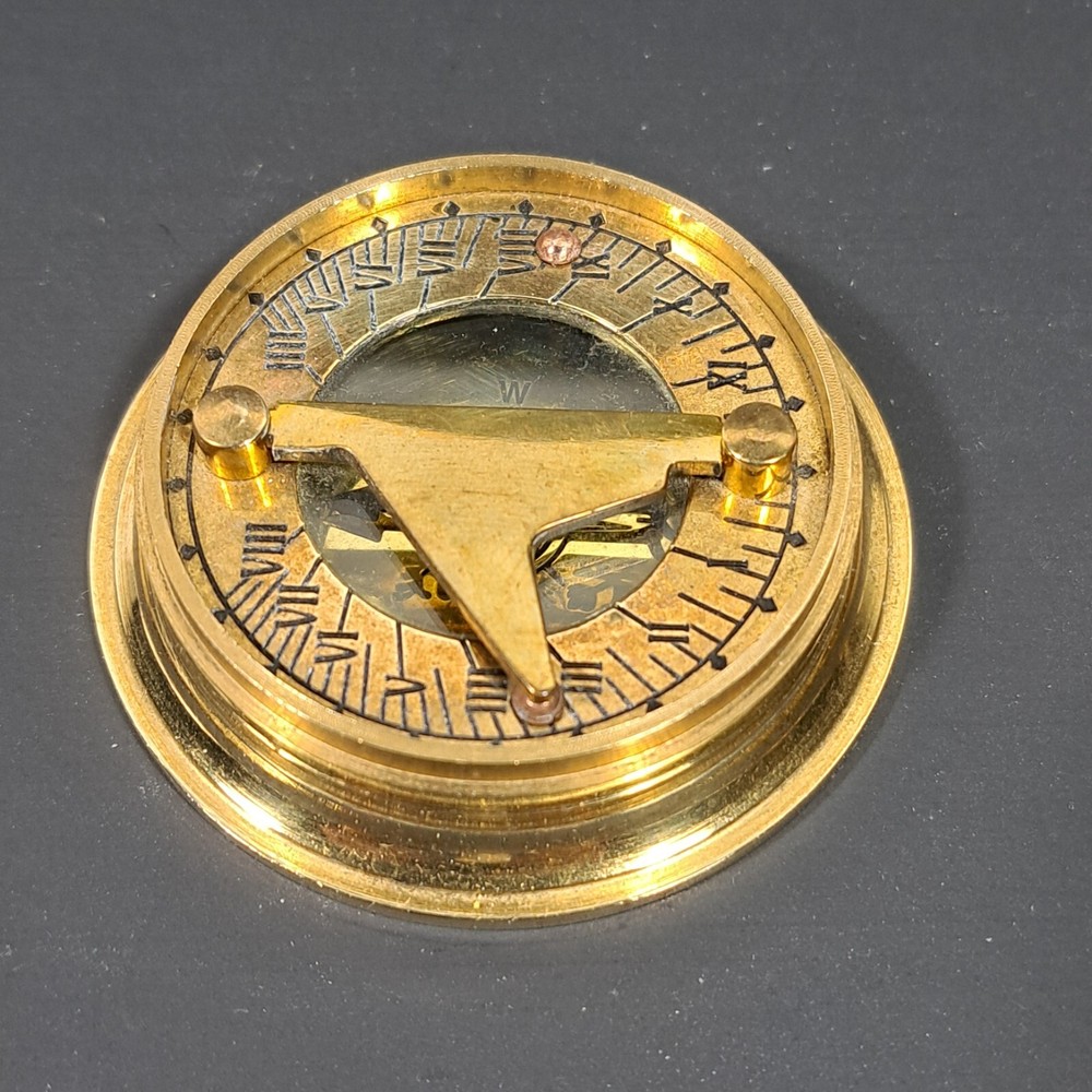 Vintage Solid Brass Compass with Folding Sundial - Maritime Navigation