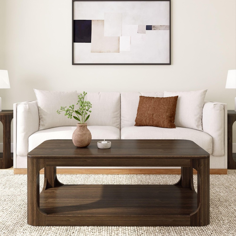 Forma Coffee Table, Solid Wood 48 Inch Modern Coffee Table with Shelf, Contem...