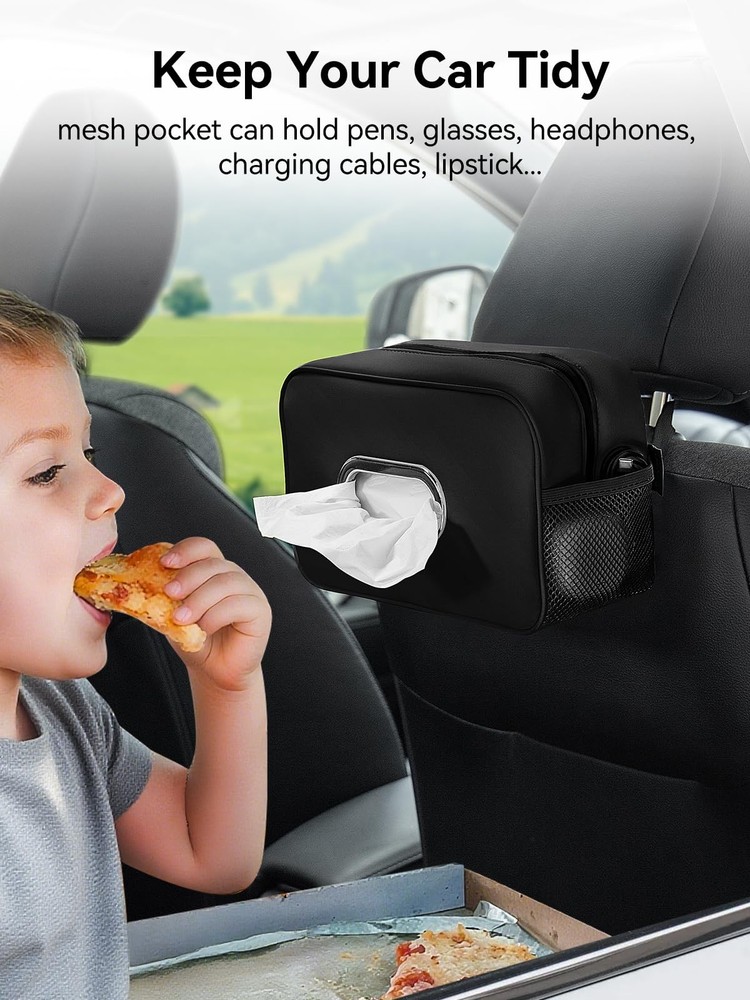 Multi-Functional Car Tissue Holder with Tuck Nets, PU Leather Organizer, Black