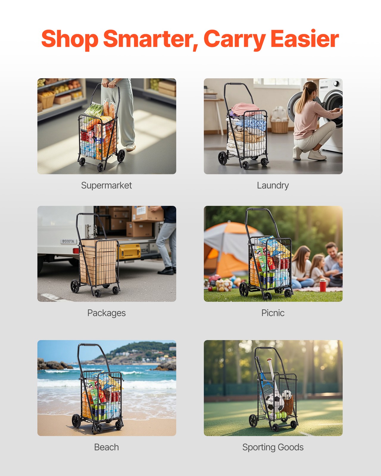 Uimoso Shopping Cart Folding Grocery Utility Cart with Swivel Wheels 90 LBS