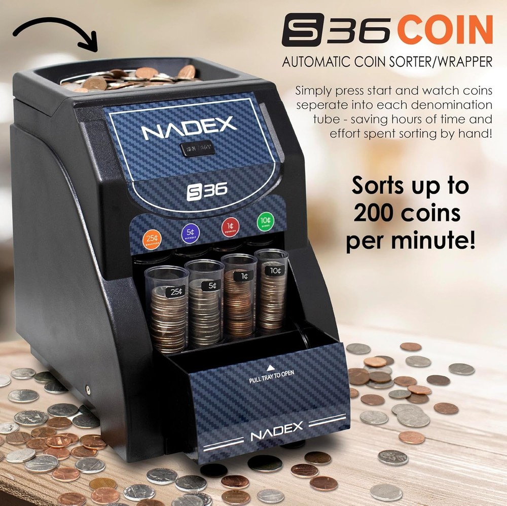 Nadex 36S Automatic Coin Sorter Machine with 4 Coin Tubes