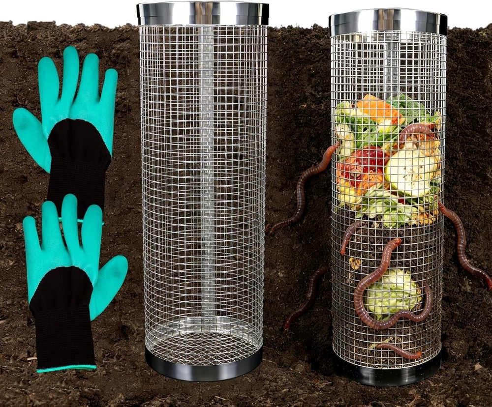 2 Pack Underground Worm Composting Bin with Gardening Gloves - Small Round Me...