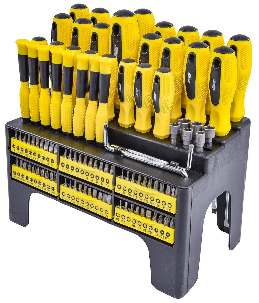 JEGS 100 Piece Screwdriver & Bit Set with Storage Rack 81384