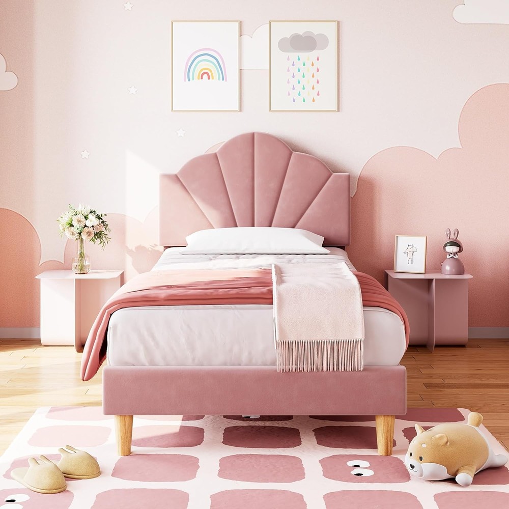 Pink Twin Bed Frame Velvet Upholstered Platform Bed Frame Adjustable Headboard