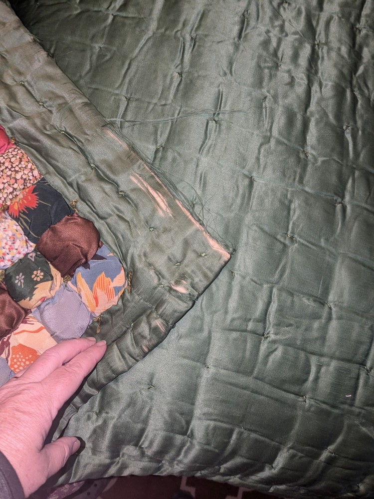 Unique Antique Puff Biscuit Patchwork Fabric Quilt ~ Green Back