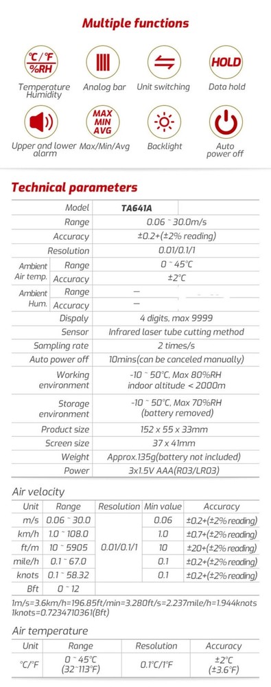 TA641A Digital Anemometer Handheld Wind Speed Gauge Meter Anemometro Windmeter