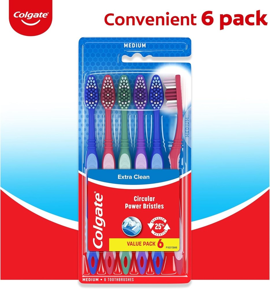Colgate Extra Clean Toothbrush, Medium Bulk Toothbrush Pack of 6