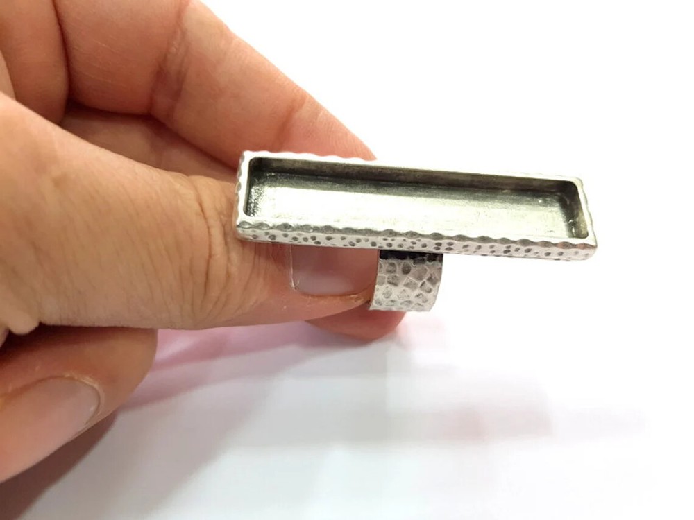 Rectangle Blank Hammered Ring Setting Base Bezel inlay Backs Cabochon Adjustable
