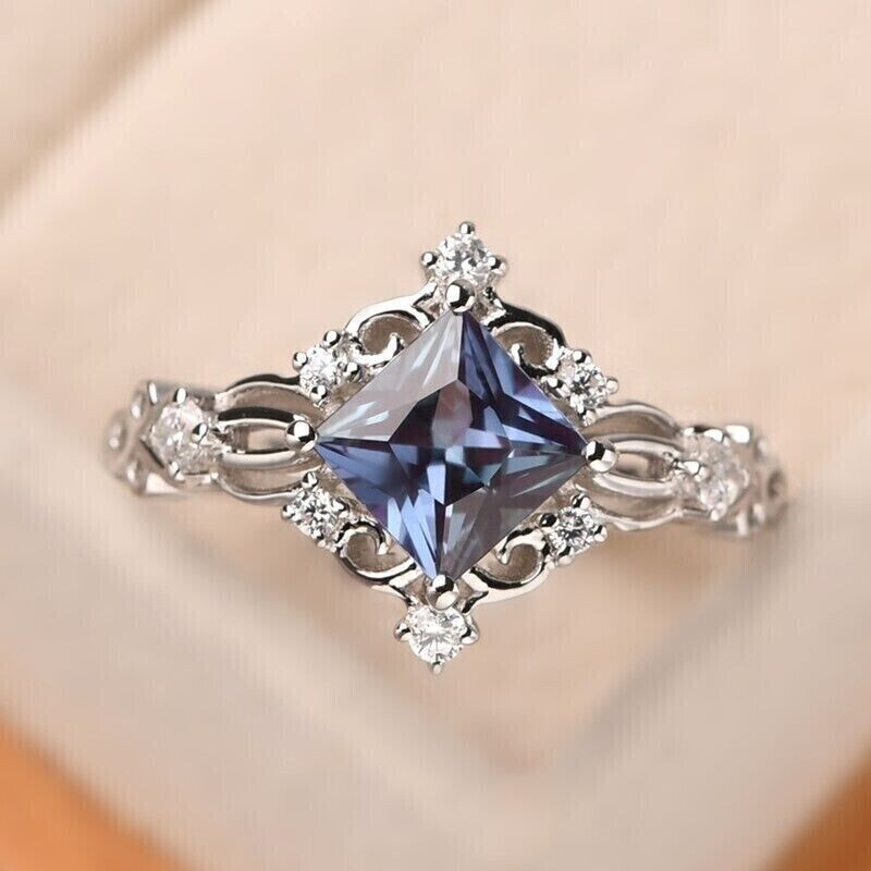 2.40Ct Princess Lab-created Alexandrite Cluster Wedding Ring 925Sterling Silver