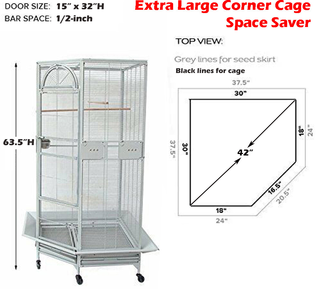 63" X-Large Corner Bird Flight Cage Cockatiel Parakeet Budgies With Seed-Skirt