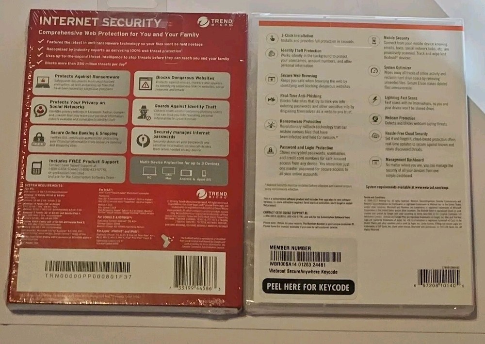 Trend Micro & Webroot Internet Security Advanced Online Protection Brand New