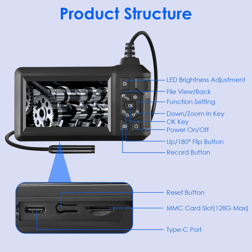 8 LED Adjustable Industrial Borescope Endoscope Camera w/16.4FT Semi-Rigid Cable