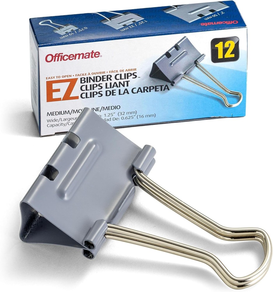 EZ Binder Clips, Medium Size, 12/Box, Gray