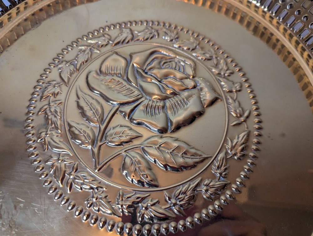 Brass Gallery Serving Tray Elevated Pierced Edge Round Form 20x4in