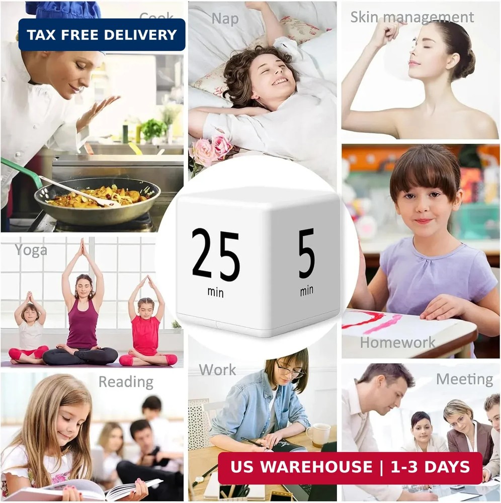 Rotating Pomodoro Timer, 5/25/15/45 Mins Preset, Desk Cube Countdown Flip Produc