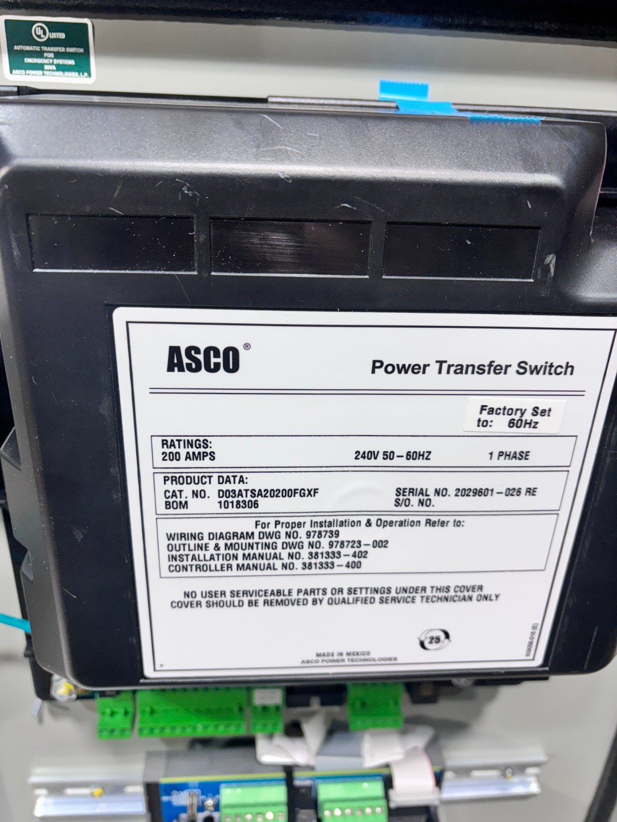 NIB - Automatic Transfer SwitchAsco 300 Series D03ATSA20200FGXF 200A 1ph 2 Pole