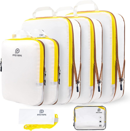 Lightweight Compression Packing Cubes for Suitcases, 7 Set, White/Yellow