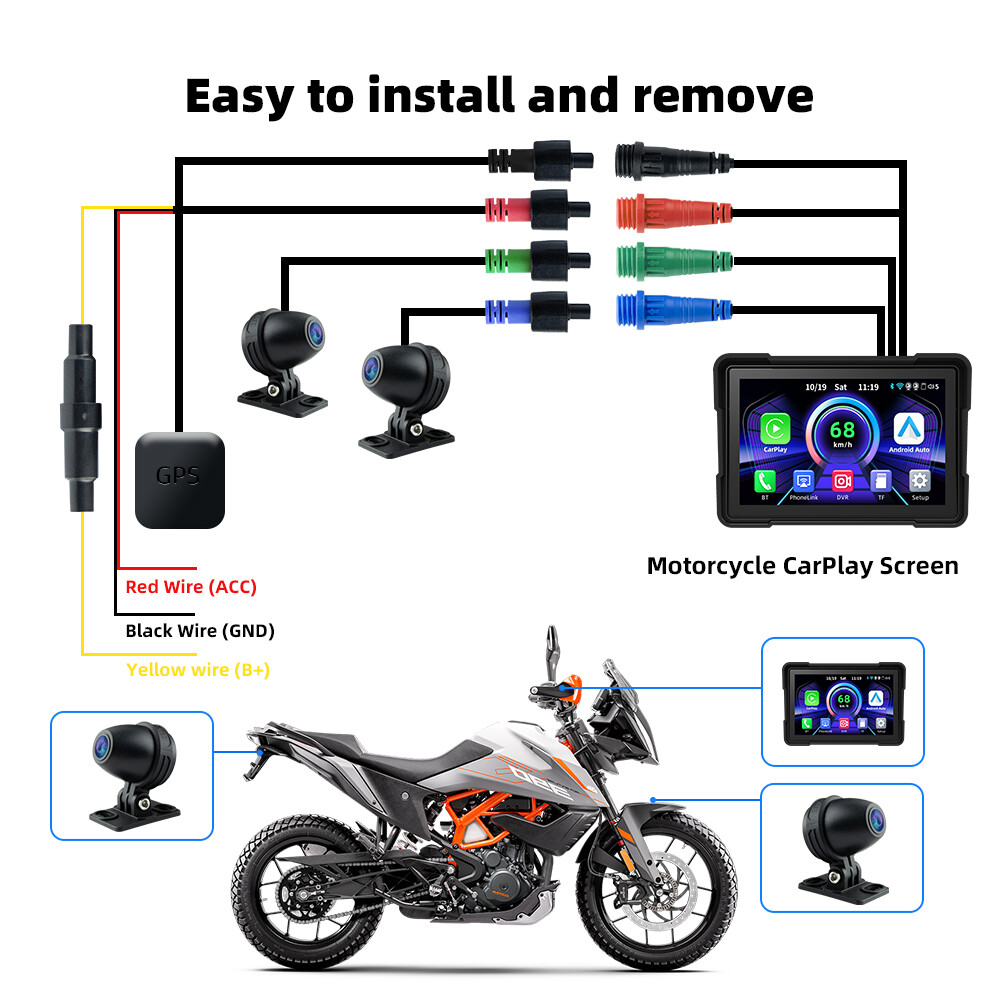 Portable Motorcycle Navigation 5"IPS Screen Wireless Carplay Waterproof GPS 720P