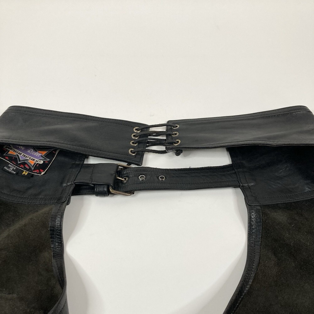 Joe Rocket Mens Black Leather Chaps Medium Open Back Pant GREAT CONDITION CLEAN